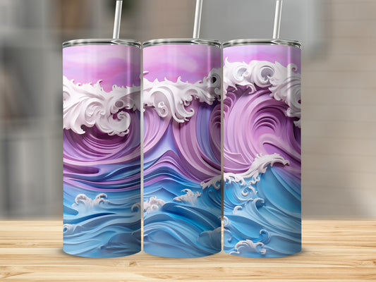 Three tumblers featuring a stylized ocean wave design in pink and blue.