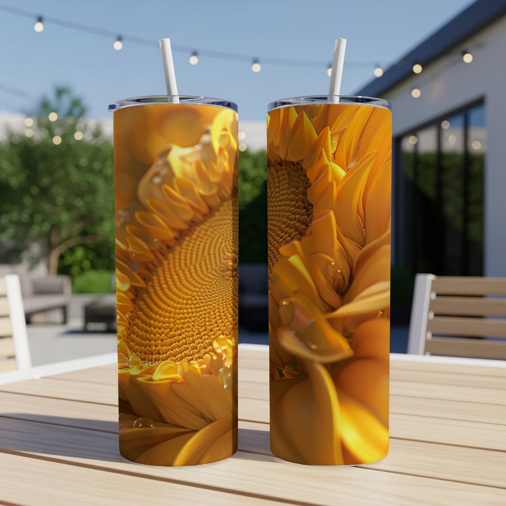 Two tall tumblers with a sunflower pattern on a wooden table.