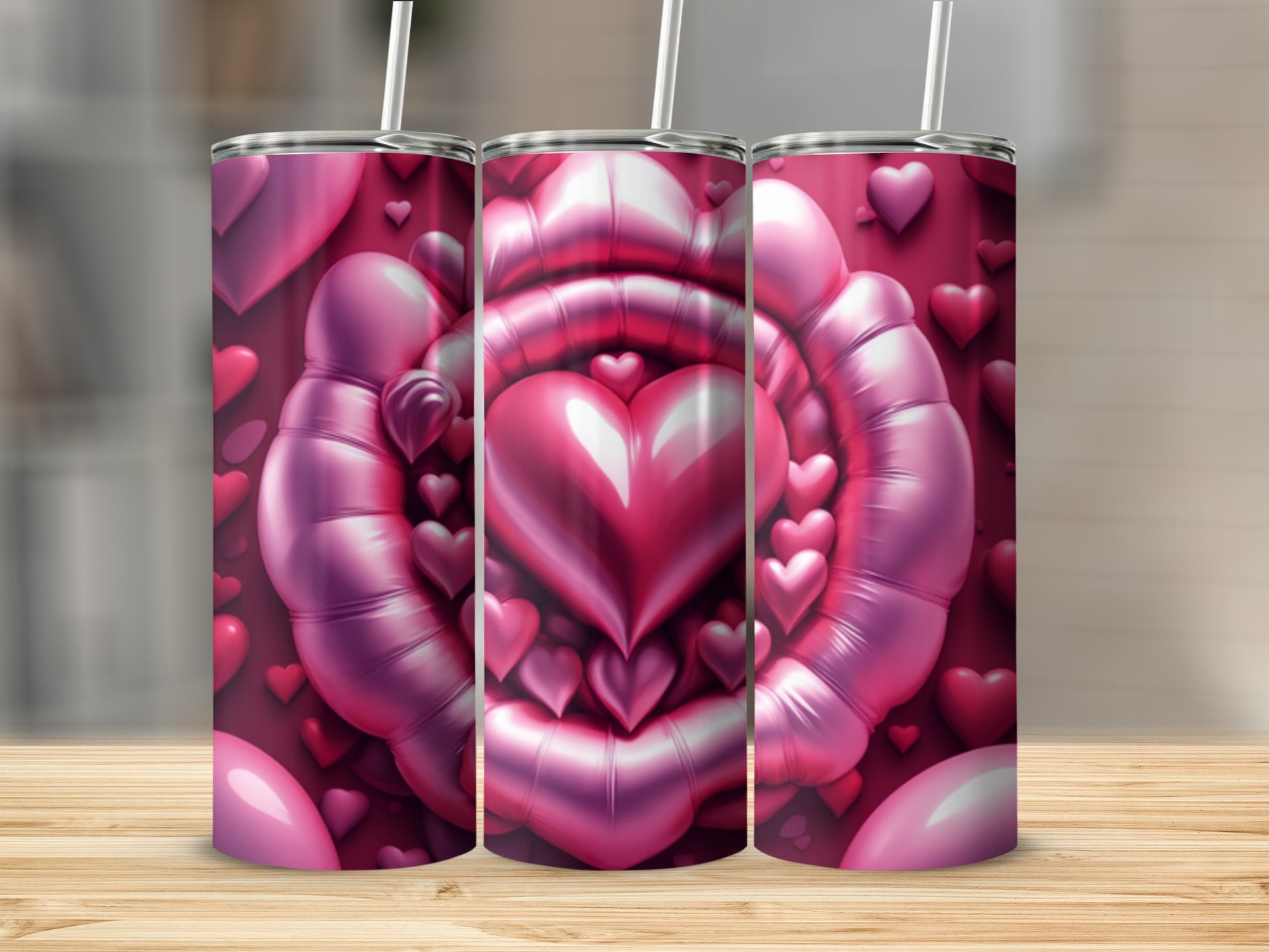 Three pink tumblers with a heart-shaped balloon design.