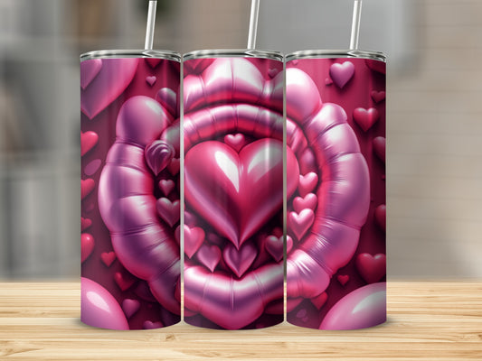 Three pink tumblers with a heart-shaped balloon design.