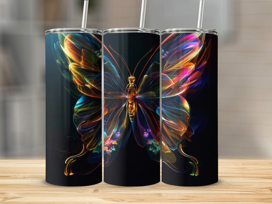 Three tumblers displaying a colorful, abstract butterfly design.