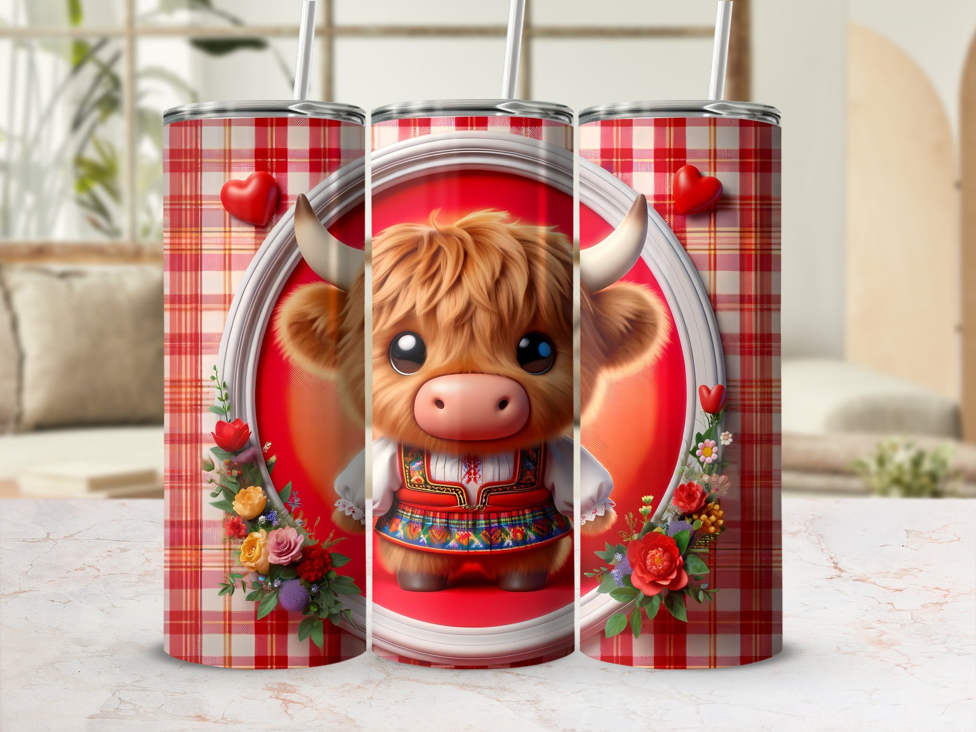 Red plaid tumbler with a cute cartoon highland cow design.