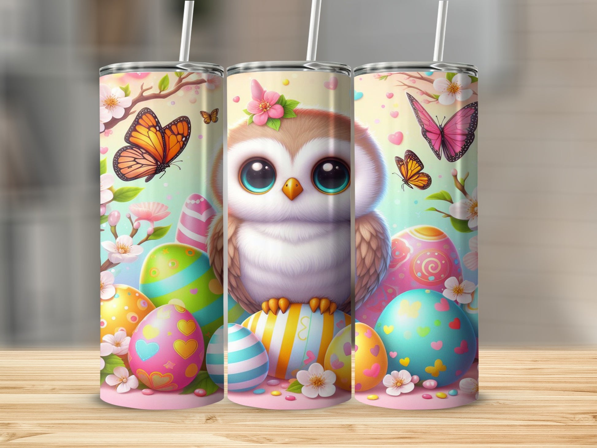 Owl and Easter eggs with butterflies and flowers.