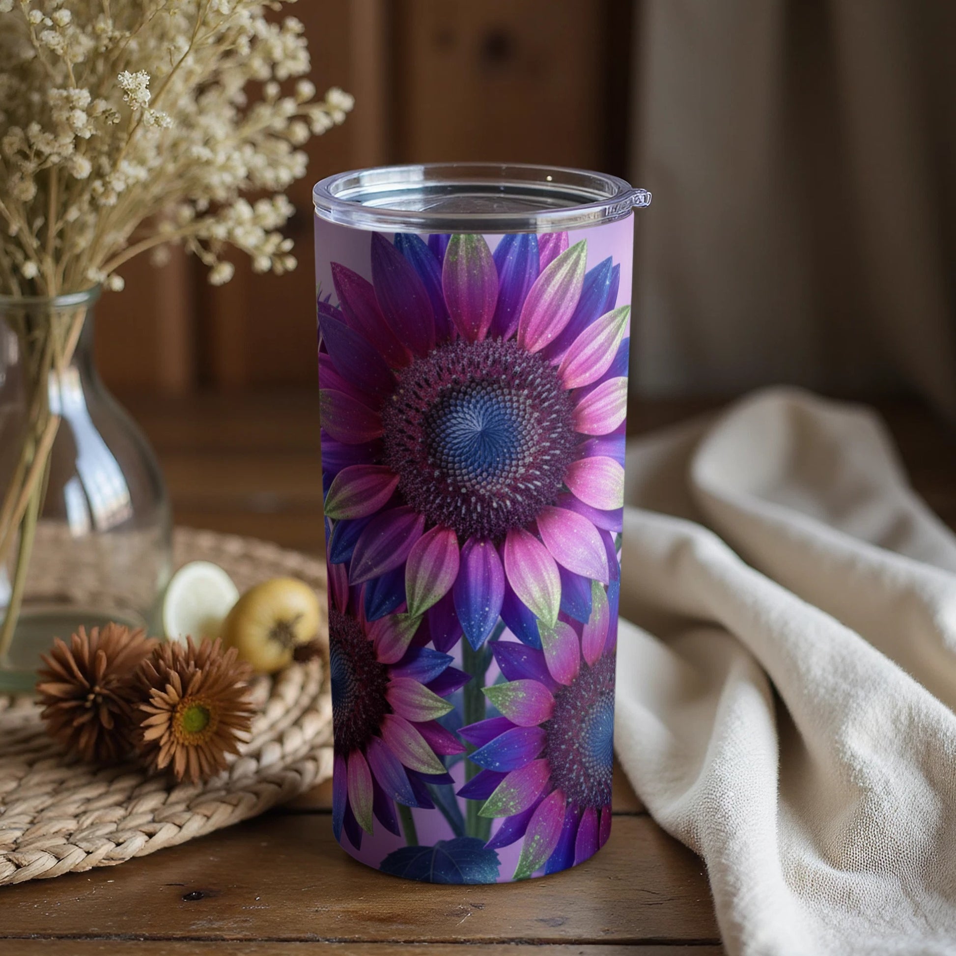 Vibrant Purple Sunflower Print Tumbler Travel Cup