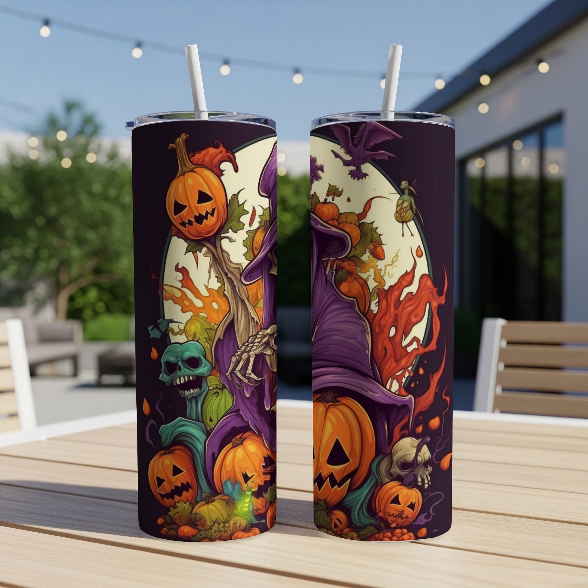 Halloween themed tumblers with pumpkins, skulls, and a witch.