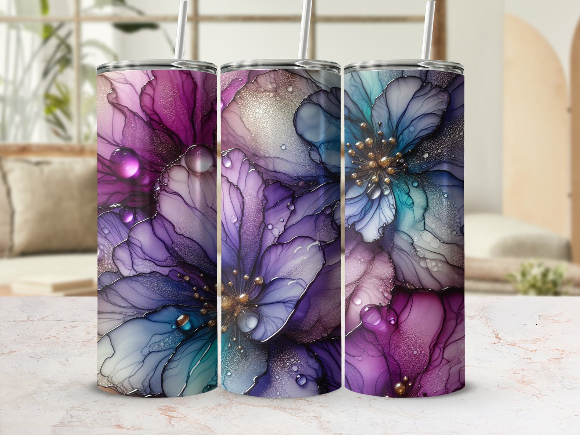 Abstract floral ink art vibrant colorful tumbler product type