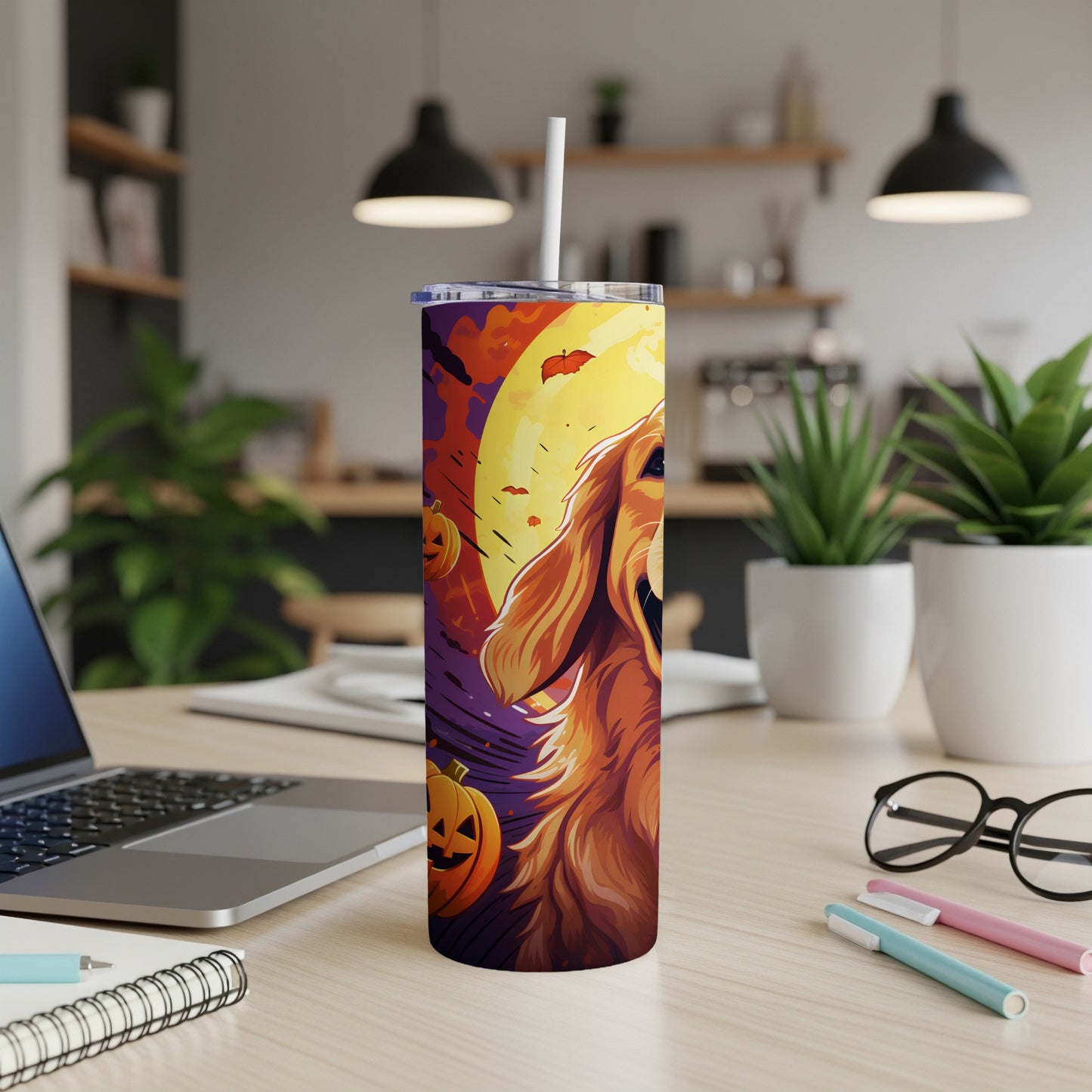 Halloween tumbler with golden retriever art and jack-o'-lanterns under a large moon.