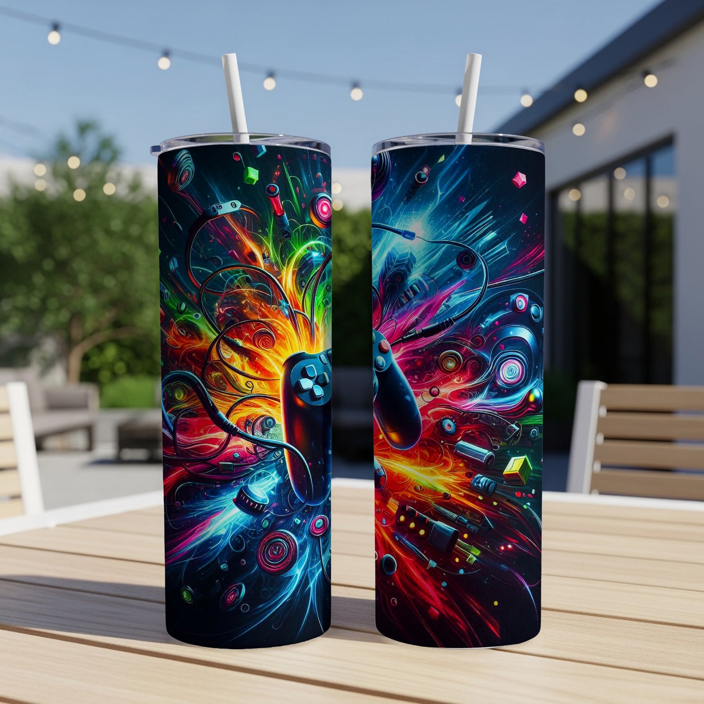 Two tumblers with vibrant, abstract gaming-themed graphics, each with a straw.