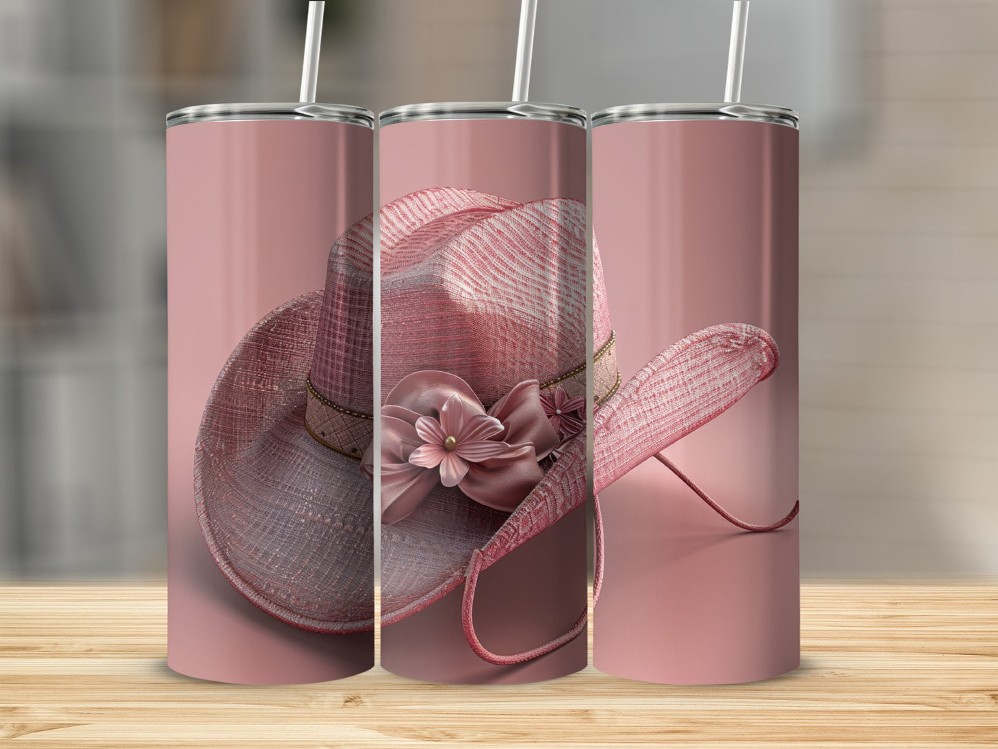 Pink sequined cowboy hat with flower and straw on display.