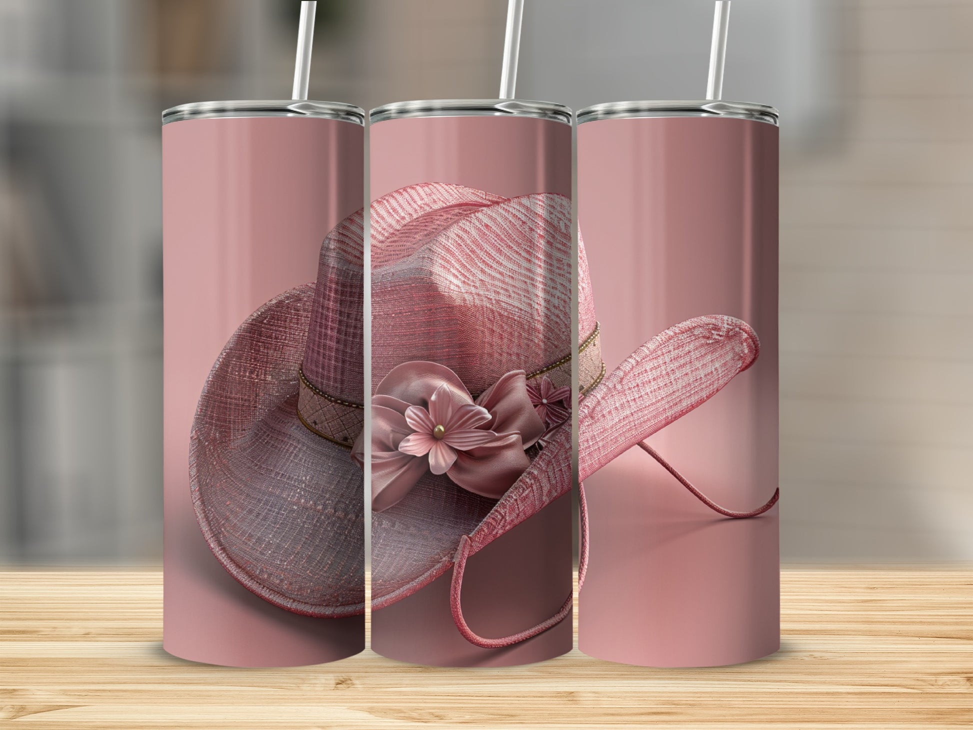 Pink sequined cowboy hat with flower and straw on display.