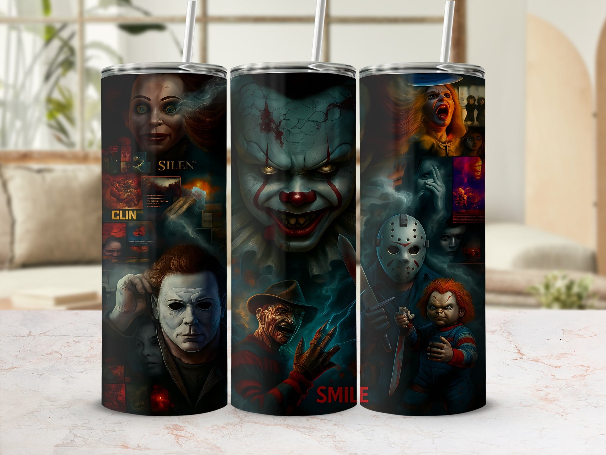 Tumbler with horror movie characters including Pennywise, Michael Myers, Freddy Krueger, and Chucky.