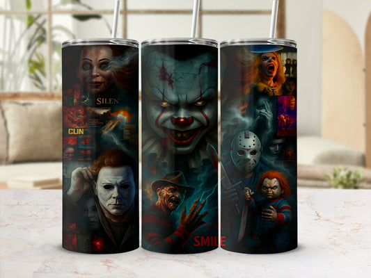 Tumbler with horror movie characters including Pennywise, Michael Myers, Freddy Krueger, and Chucky.
