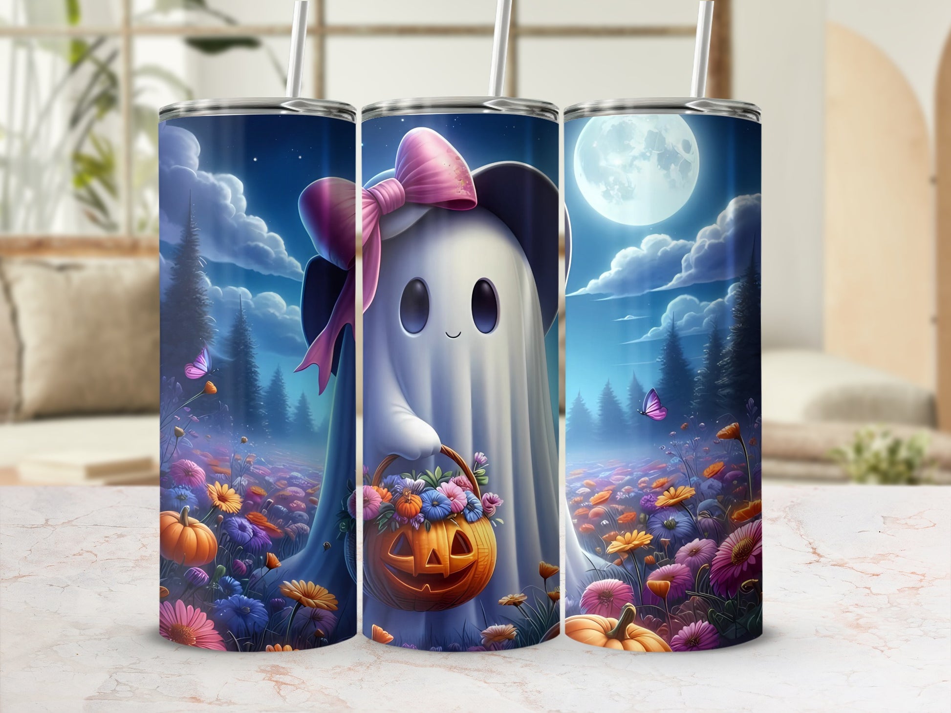 Tumbler with cute ghost, pumpkin basket, colorful flowers, and moonlit sky.