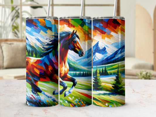 Colorful horse galloping through a vibrant, abstract landscape.