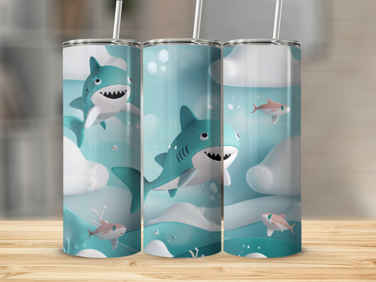 Three tumblers with cartoon sharks and clouds on a wooden surface.