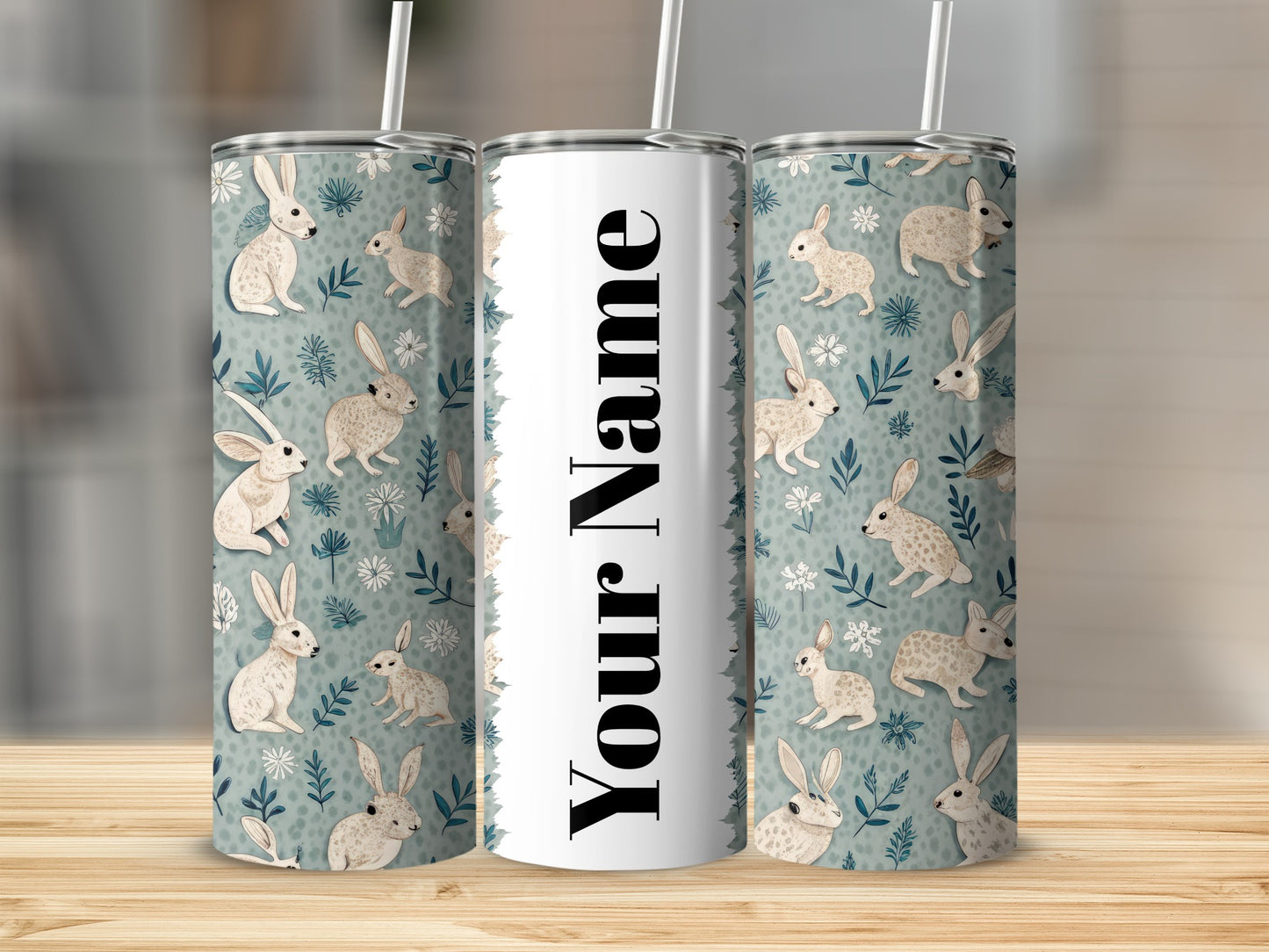 Personalized Floral Bunny Design Tumbler with Straw