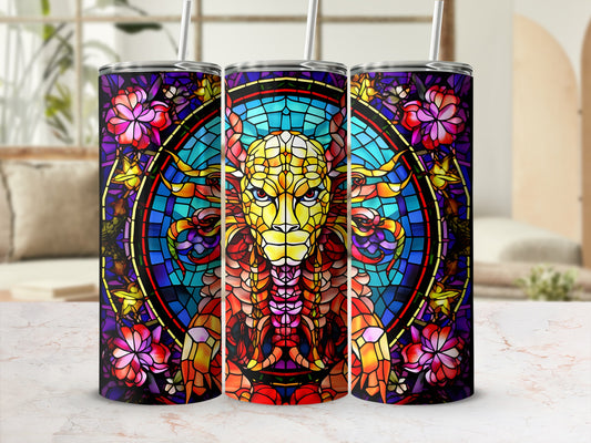 Lion stained glass design on three tumblers with floral accents.