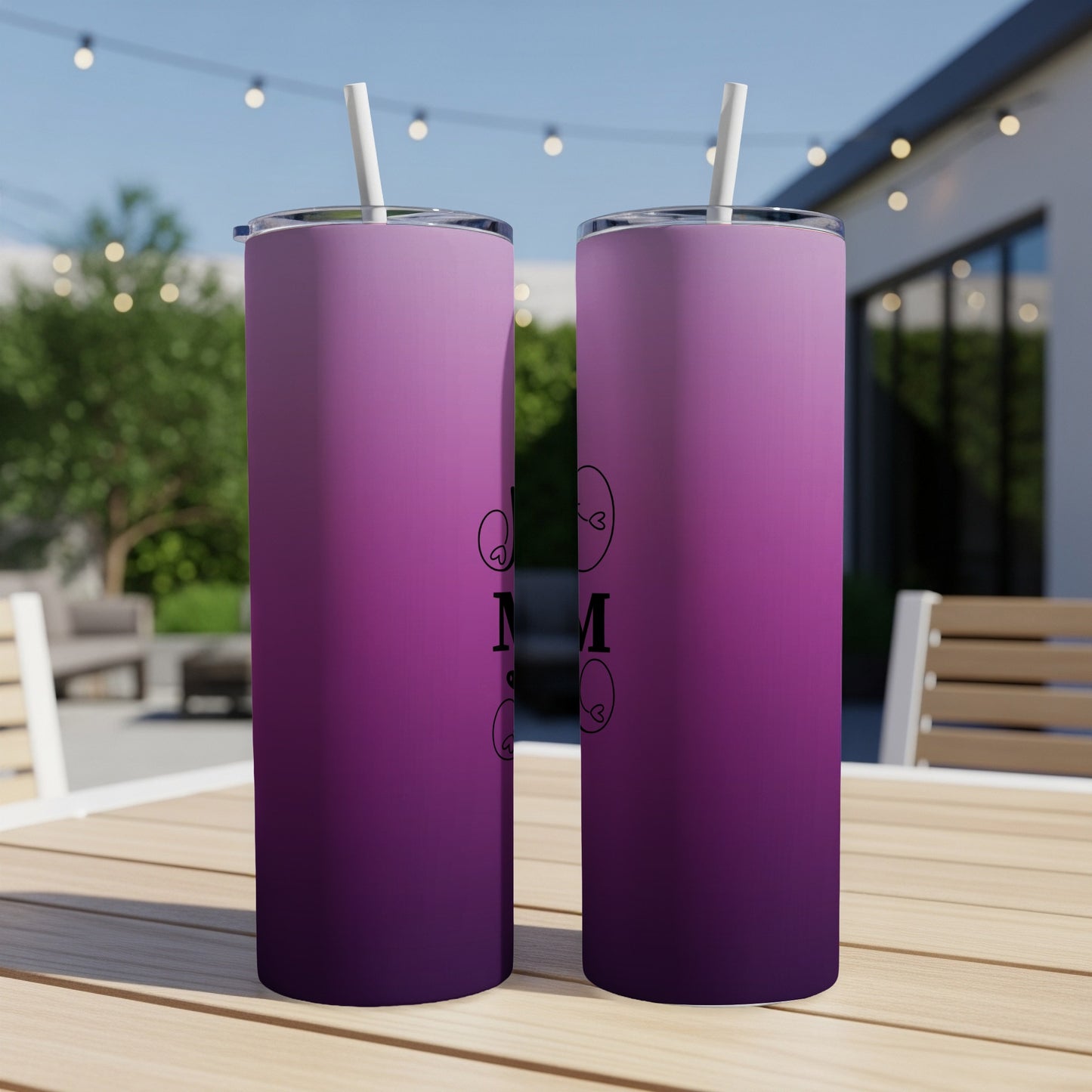 Two tumblers with purple gradient and "Mom" text.