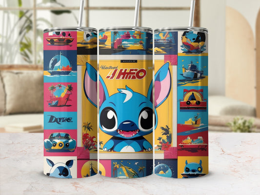 Stitch character on a tumbler with colorful graphic panels.