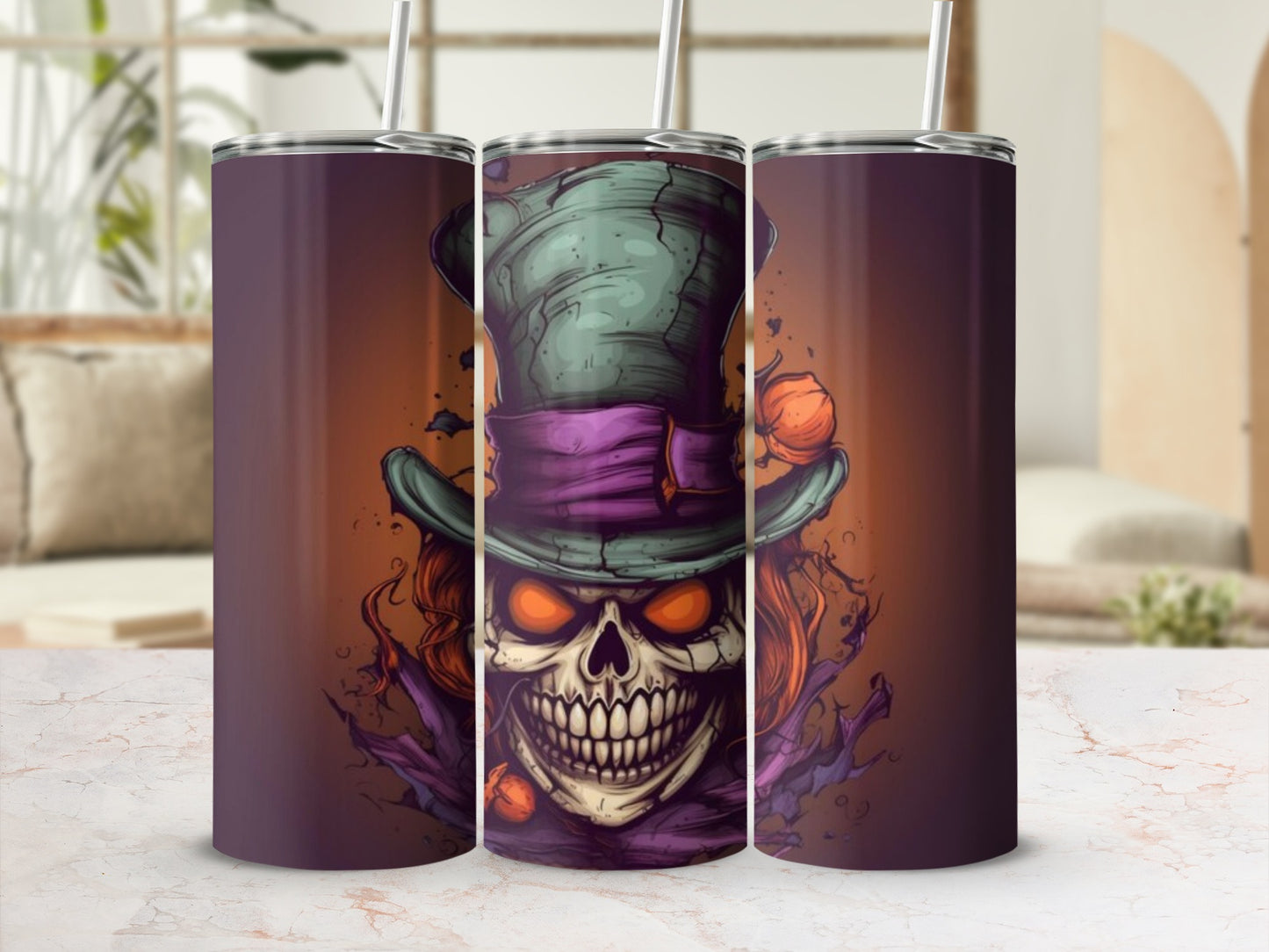 Triptych of tumblers featuring a spooky grinning skull wearing a top hat.