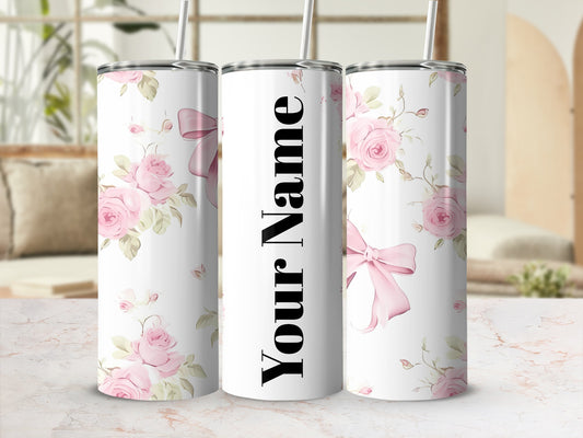 Personalized Floral Pink Roses Tumbler with Name Option