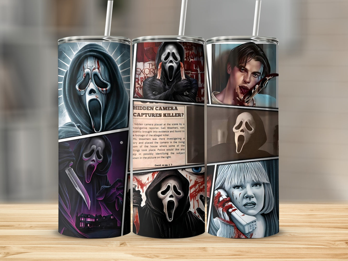 Scream mask, bloody knife, and newspaper headline design on tumblers.