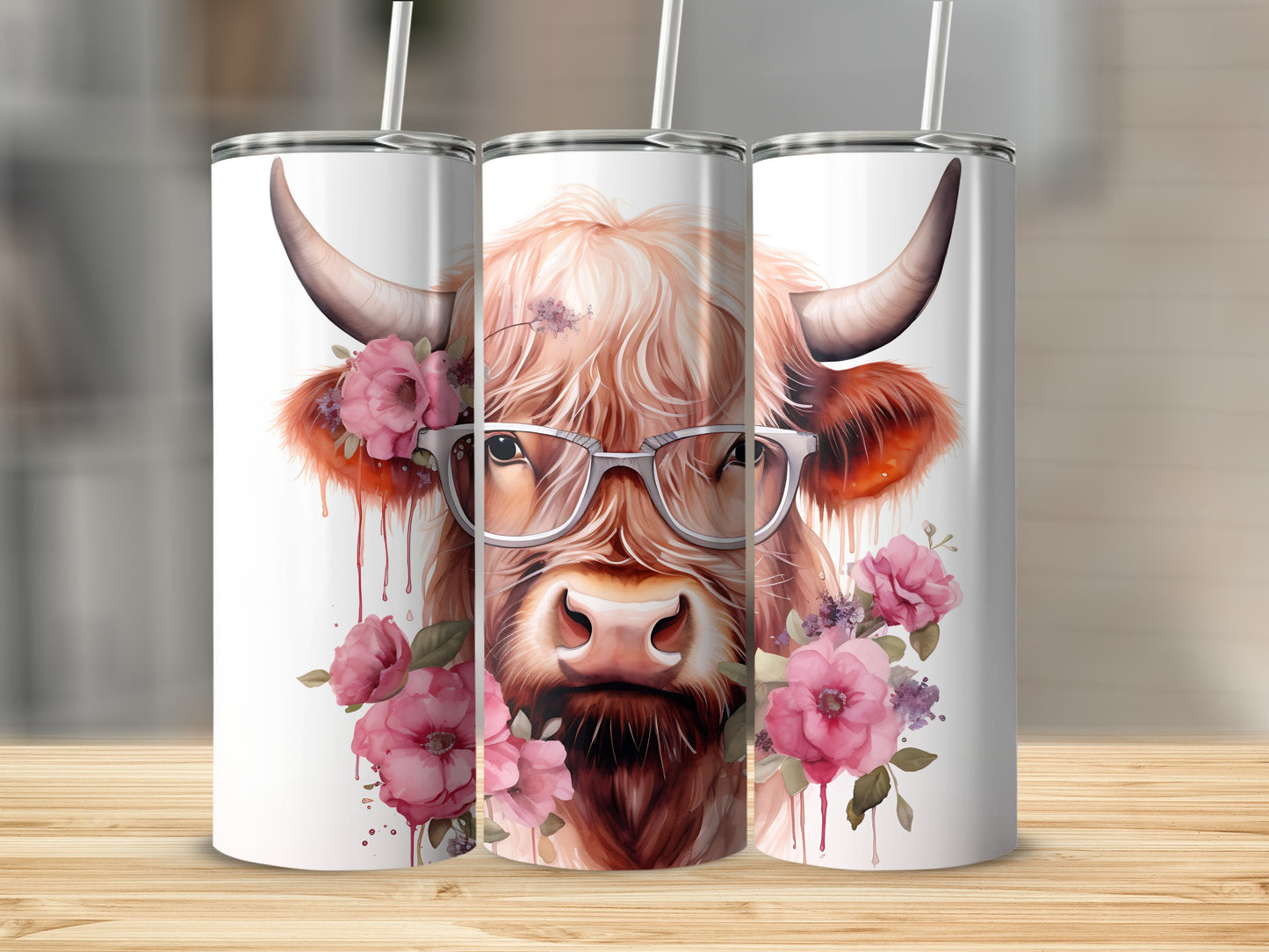 Highland cow with glasses and flowers on a tumbler.