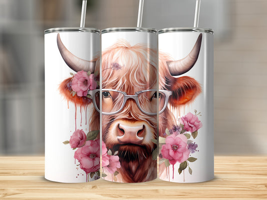 Highland cow with glasses and flowers on a tumbler.