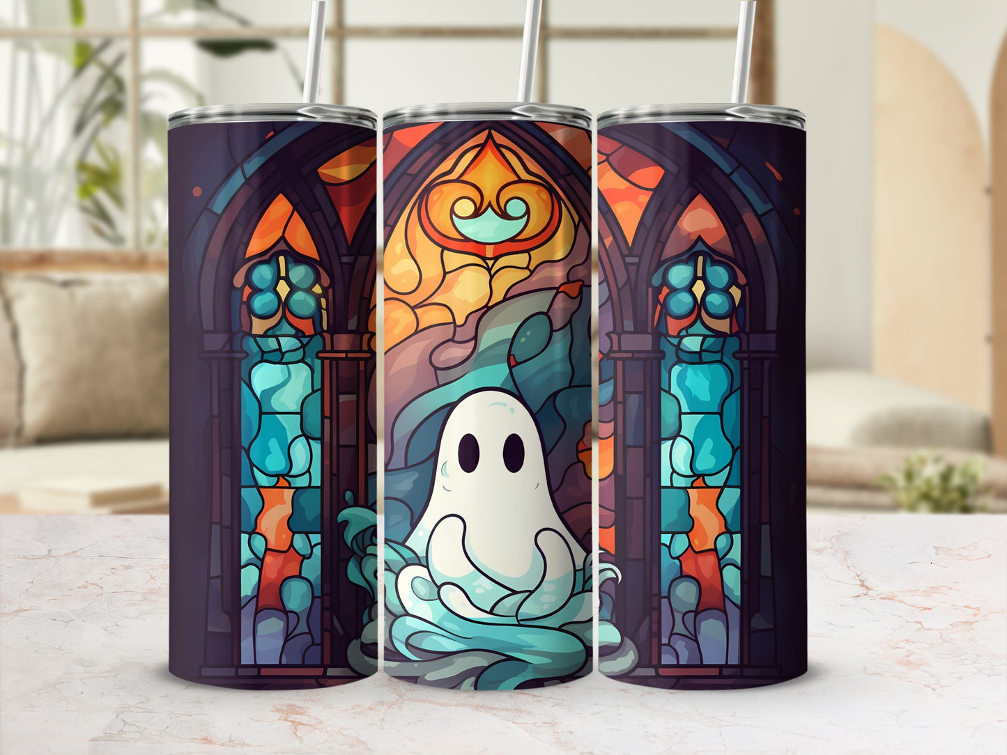 Ghost with stained glass design on a tumbler.