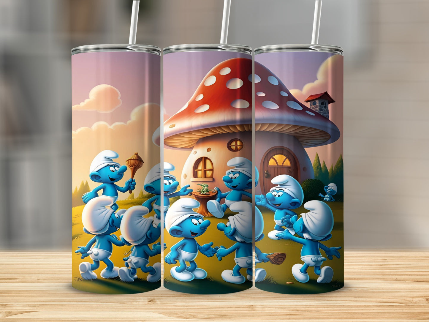 Smurfs gather around a mushroom house in a playful, colorful illustration.