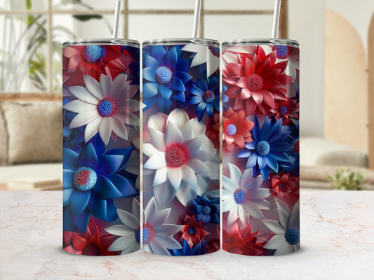 Three tumblers adorned with red, white, and blue floral patterns.