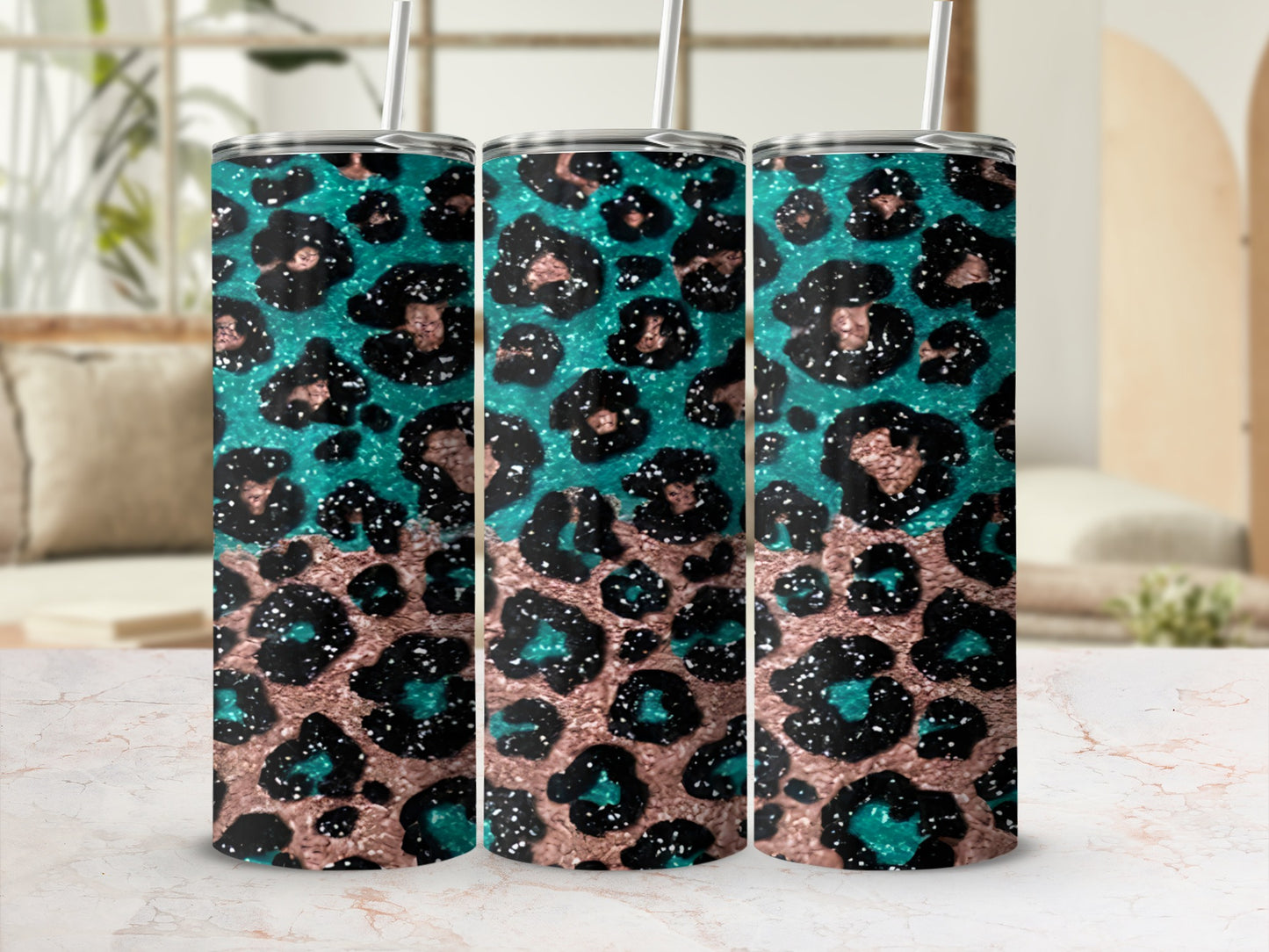 Three tumblers with a teal and brown leopard print design.
