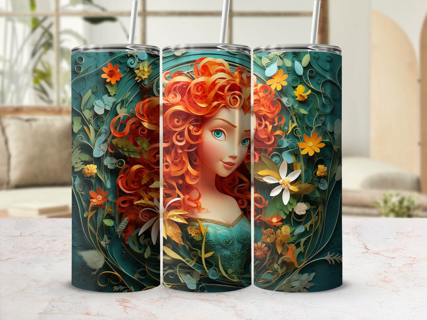 Vibrant Floral Design Tumbler with Redheaded Woman Flask