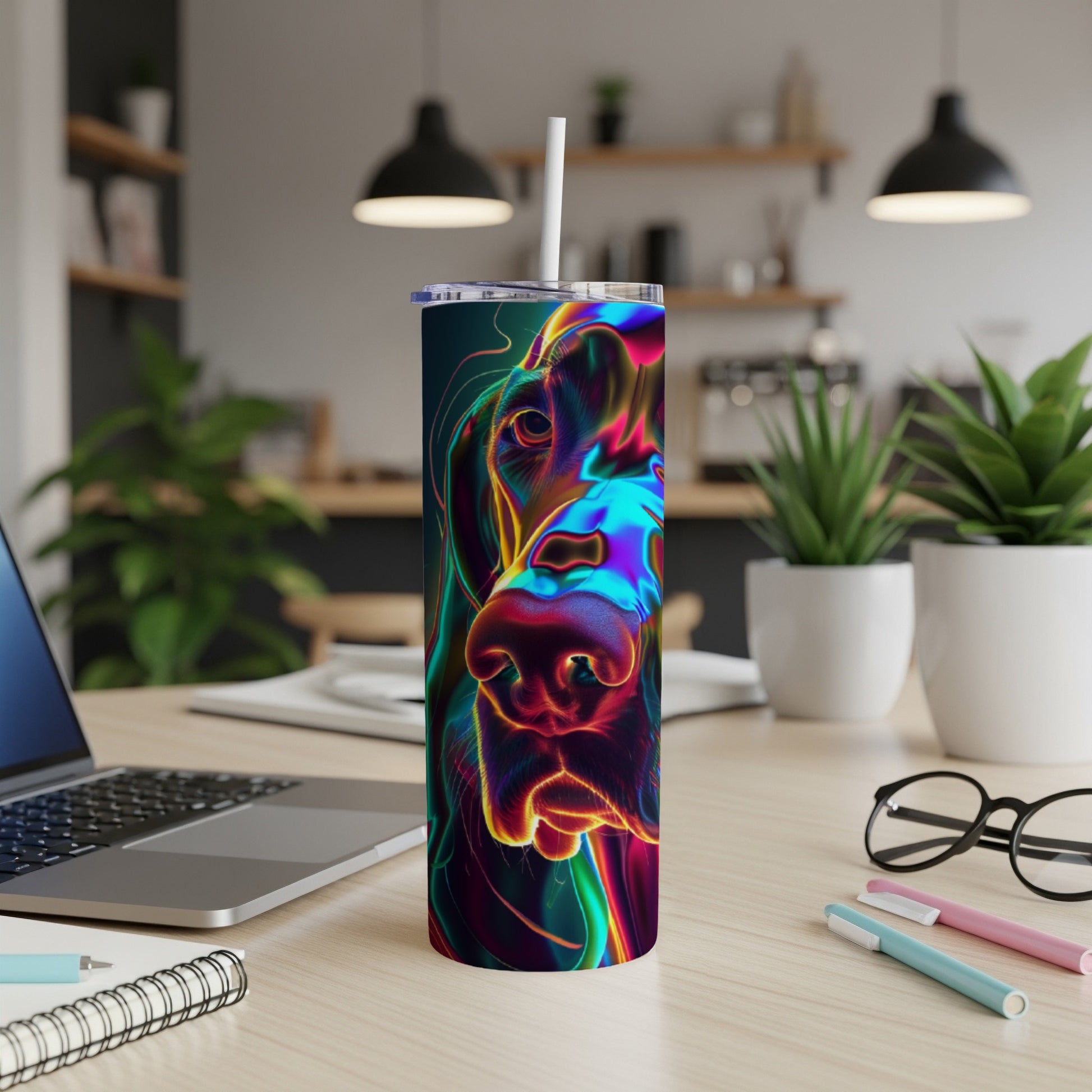 Colorful dog portrait on a skinny tumbler with a straw.