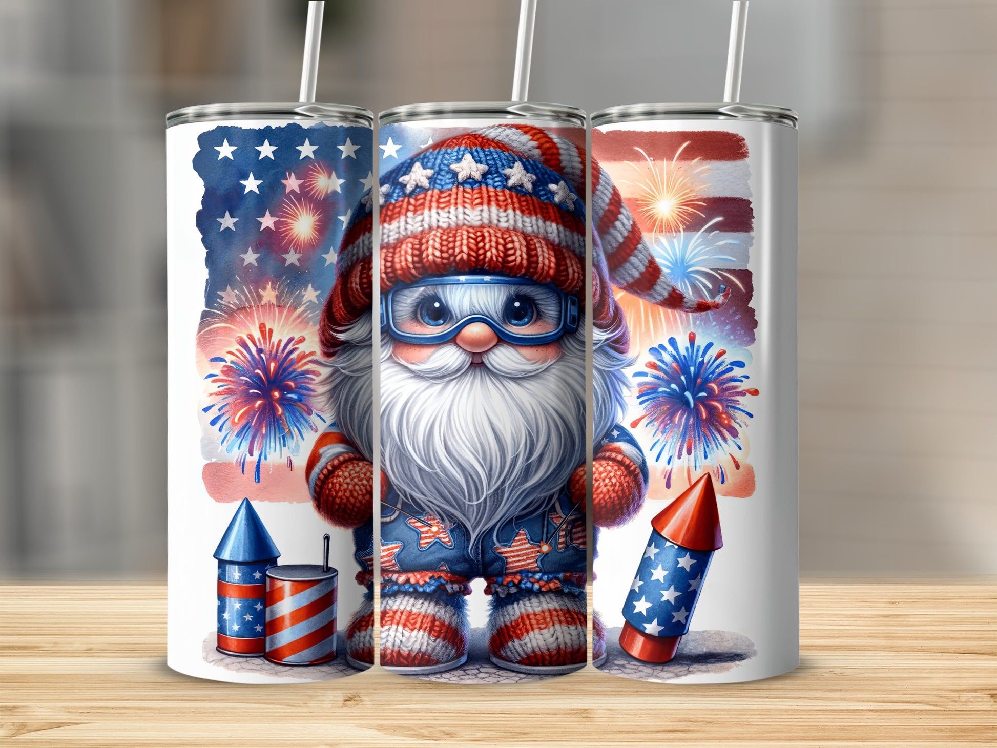 Gnome in patriotic hat and overalls with fireworks and rockets.