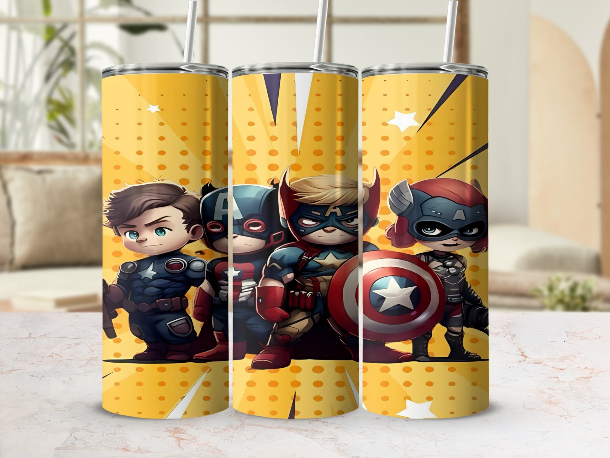 Cute Superhero Themed Tumbler with Fun Cartoon Art