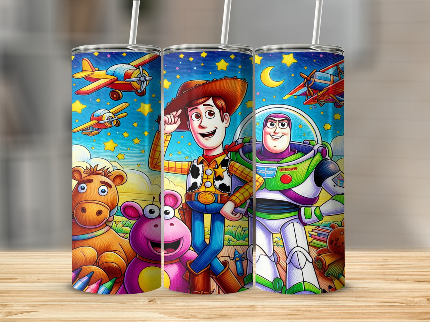 Woody, Buzz Lightyear, and Bullseye from Toy Story on a starry background.