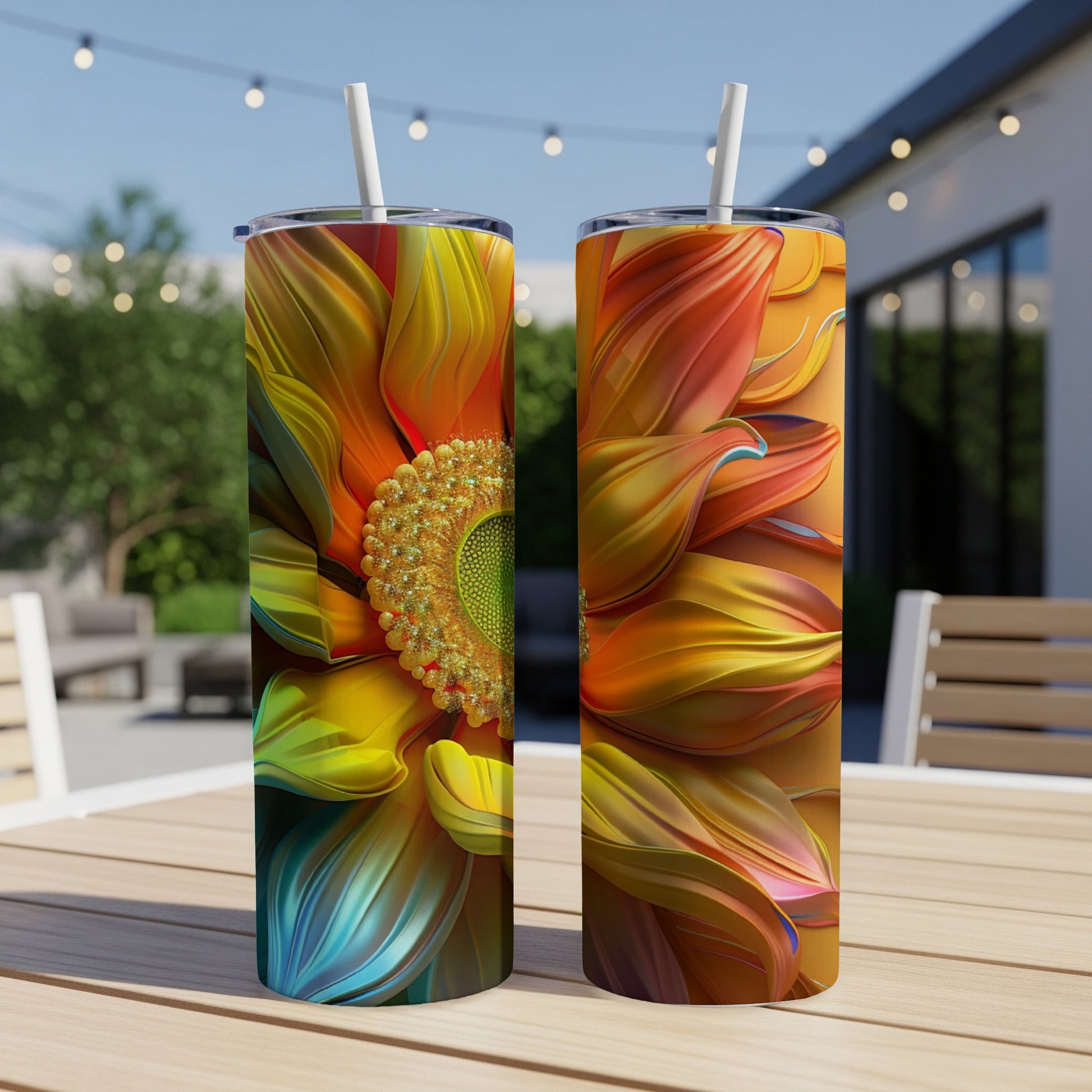 Two tall tumblers featuring a detailed, vibrant sunflower design.