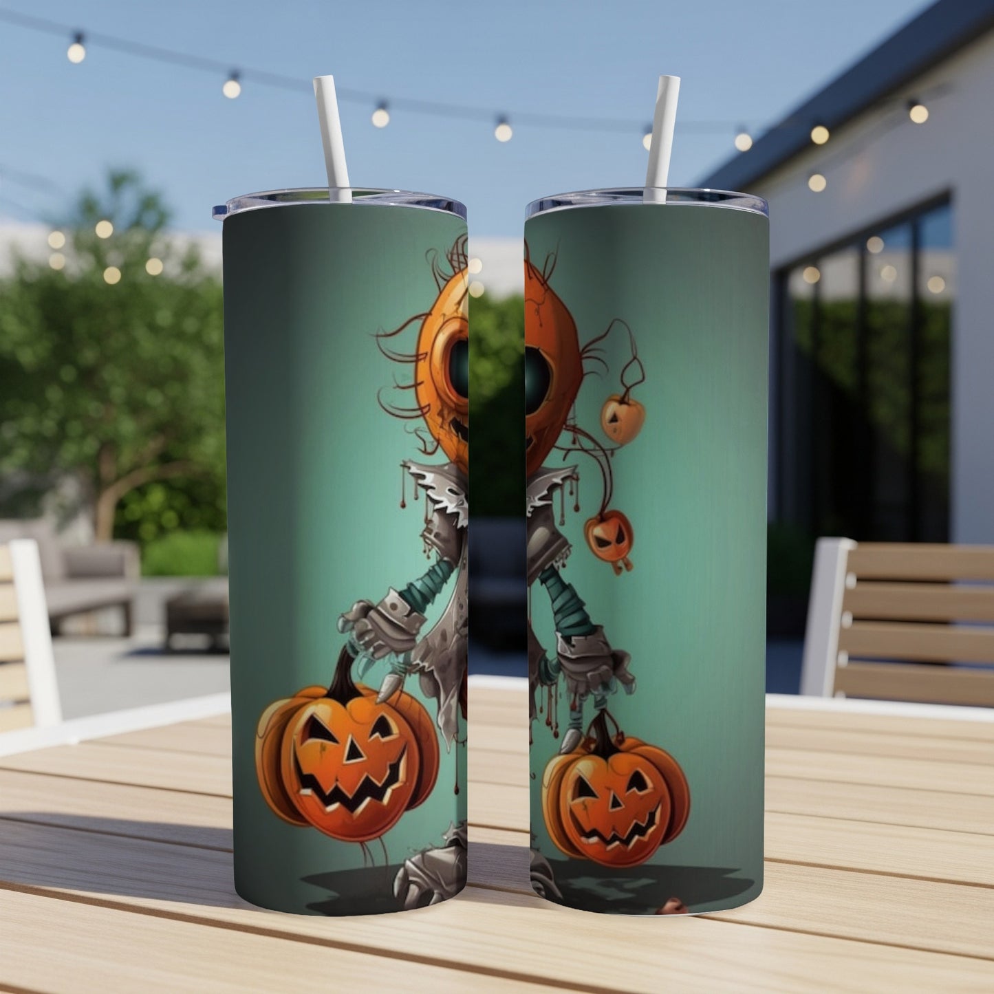 Two tumblers with a Halloween pumpkin scarecrow design and white straws.