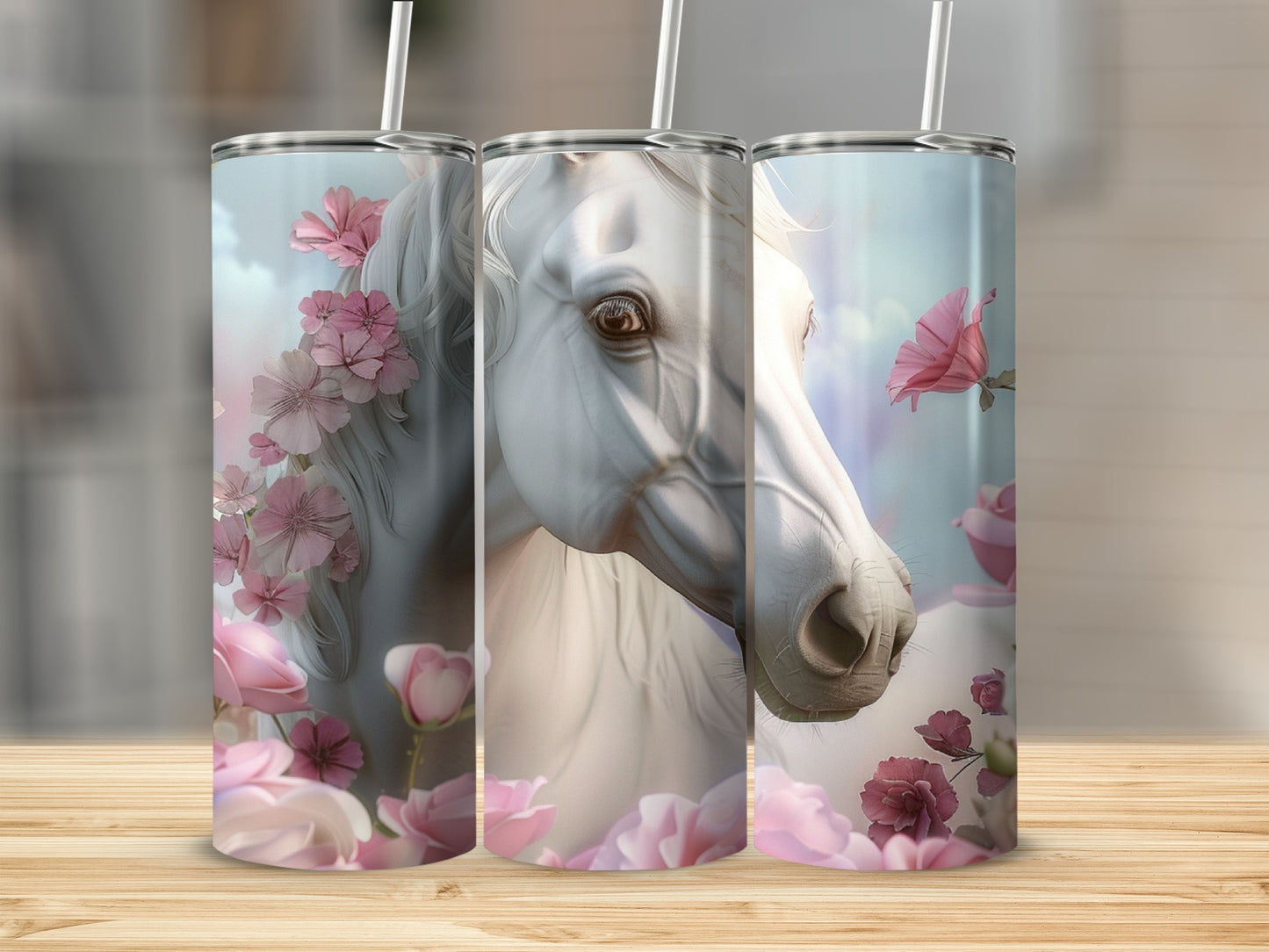 White horse with pink flowers and butterflies on a tumbler.