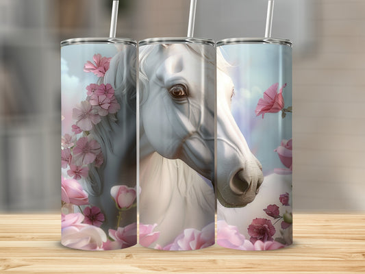 White horse with pink flowers and butterflies on a tumbler.