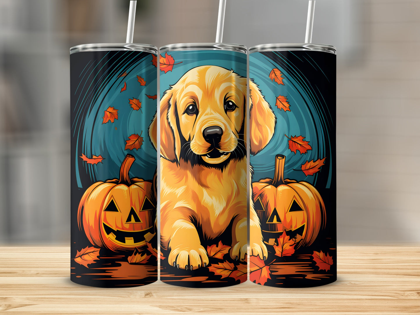 Golden retriever puppy with jack-o'-lanterns and autumn leaves design on three tumblers.