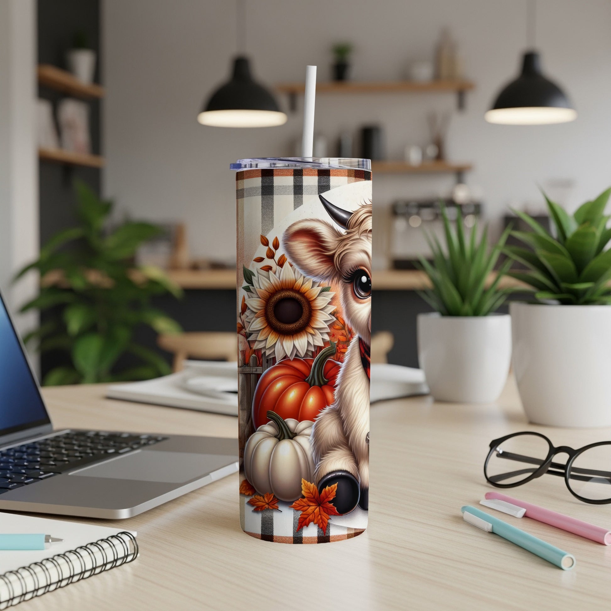 Fall-themed tumbler with a cow, pumpkins, sunflowers, and plaid pattern.
