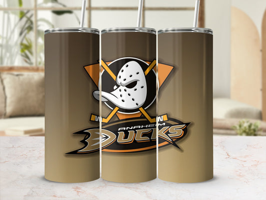 Anaheim Ducks logo on three metallic brown tumblers with straws.