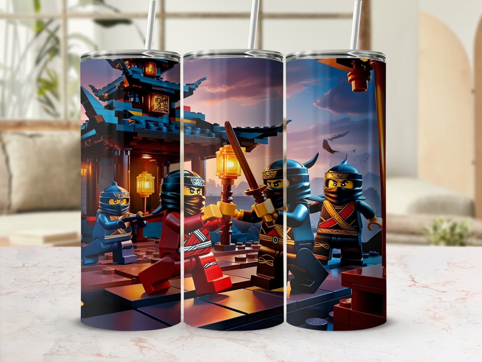 Three Ninjago characters in action on a tumbler against a blurred background.