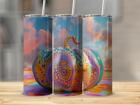 Three tumblers with a colorful, psychedelic pumpkin design against a cloudy sky.