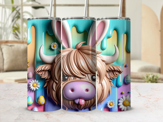 Highland cow with bunny ears and Easter eggs, pastel background.