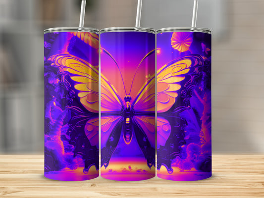 Three tumblers featuring a vibrant purple and yellow butterfly against a sunset gradient background.