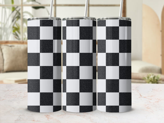 Three tumblers with a black and white checkered pattern.