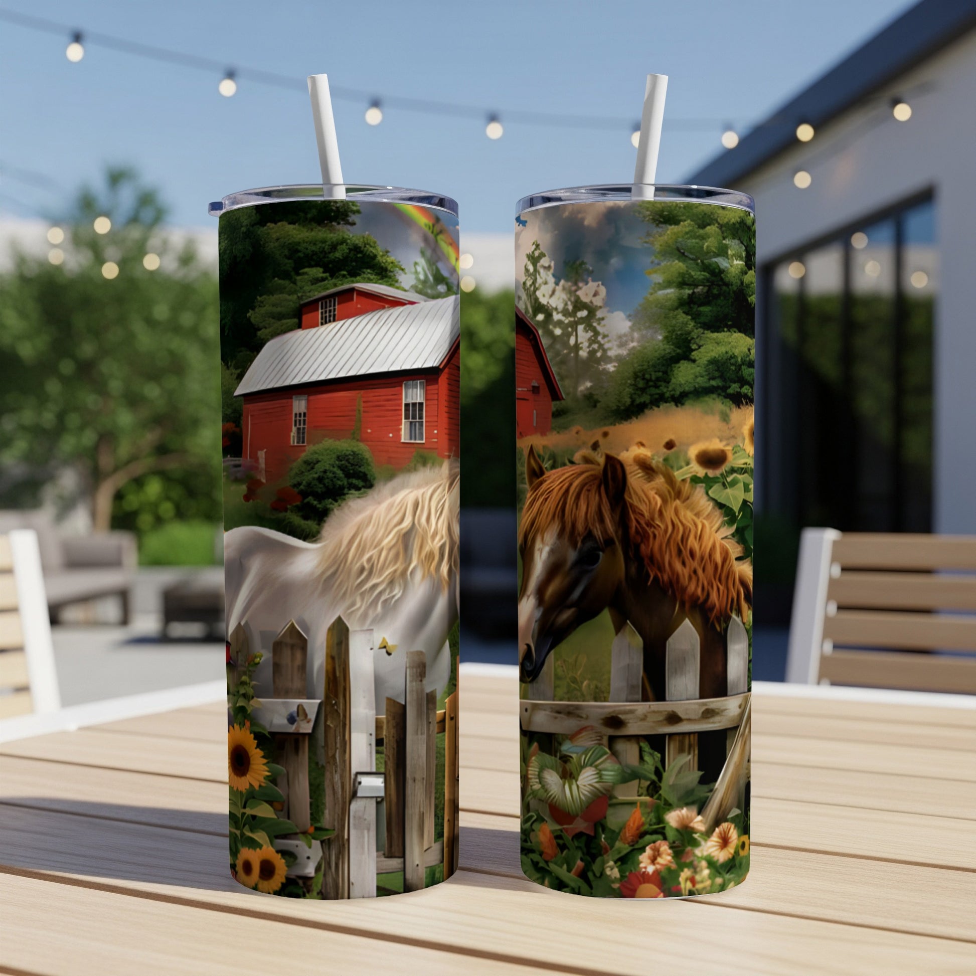 White horse and brown horse with sunflowers, fence, and red barn on a tumbler.
